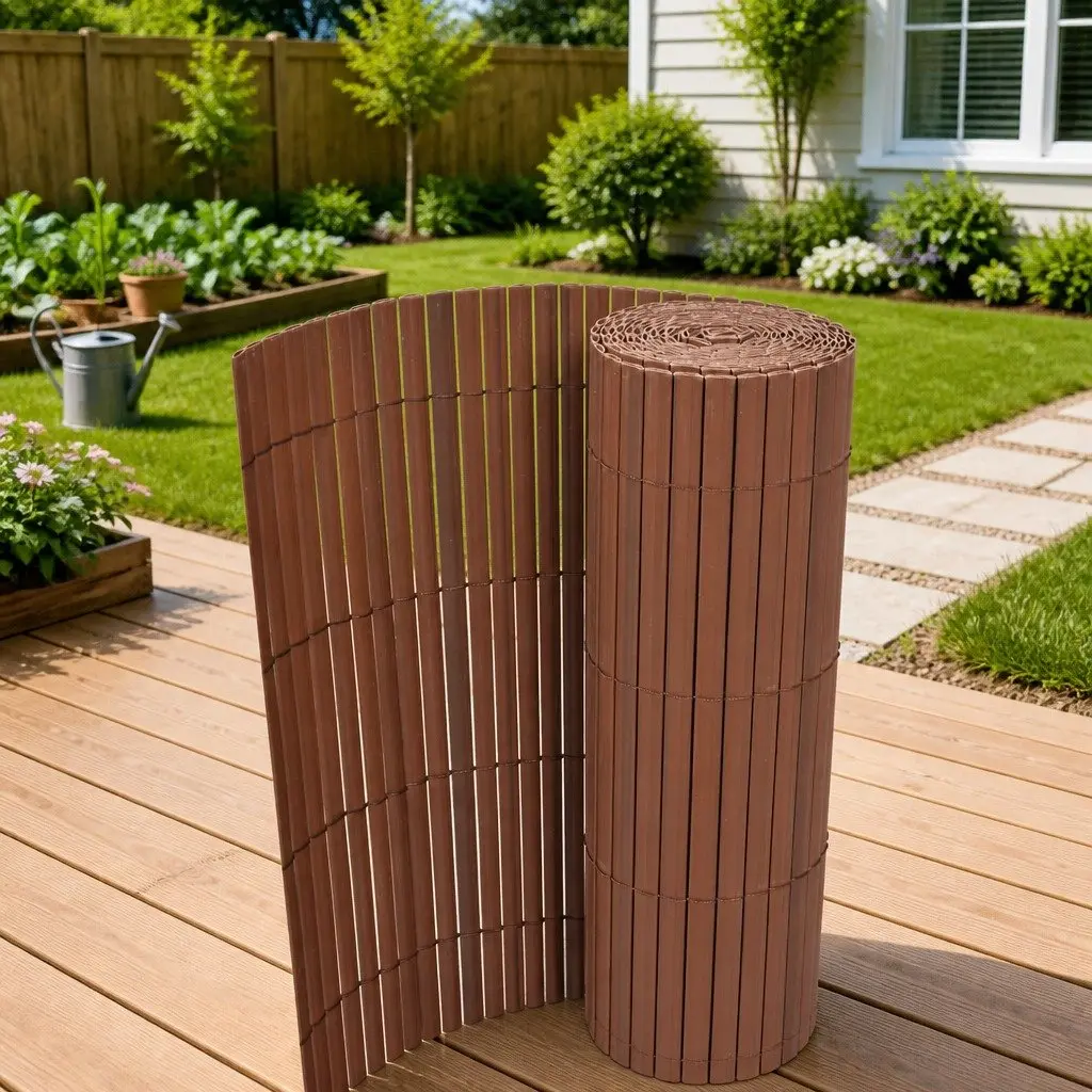 Double-Sided Garden Fence Panel PVC Brown 90x500cm