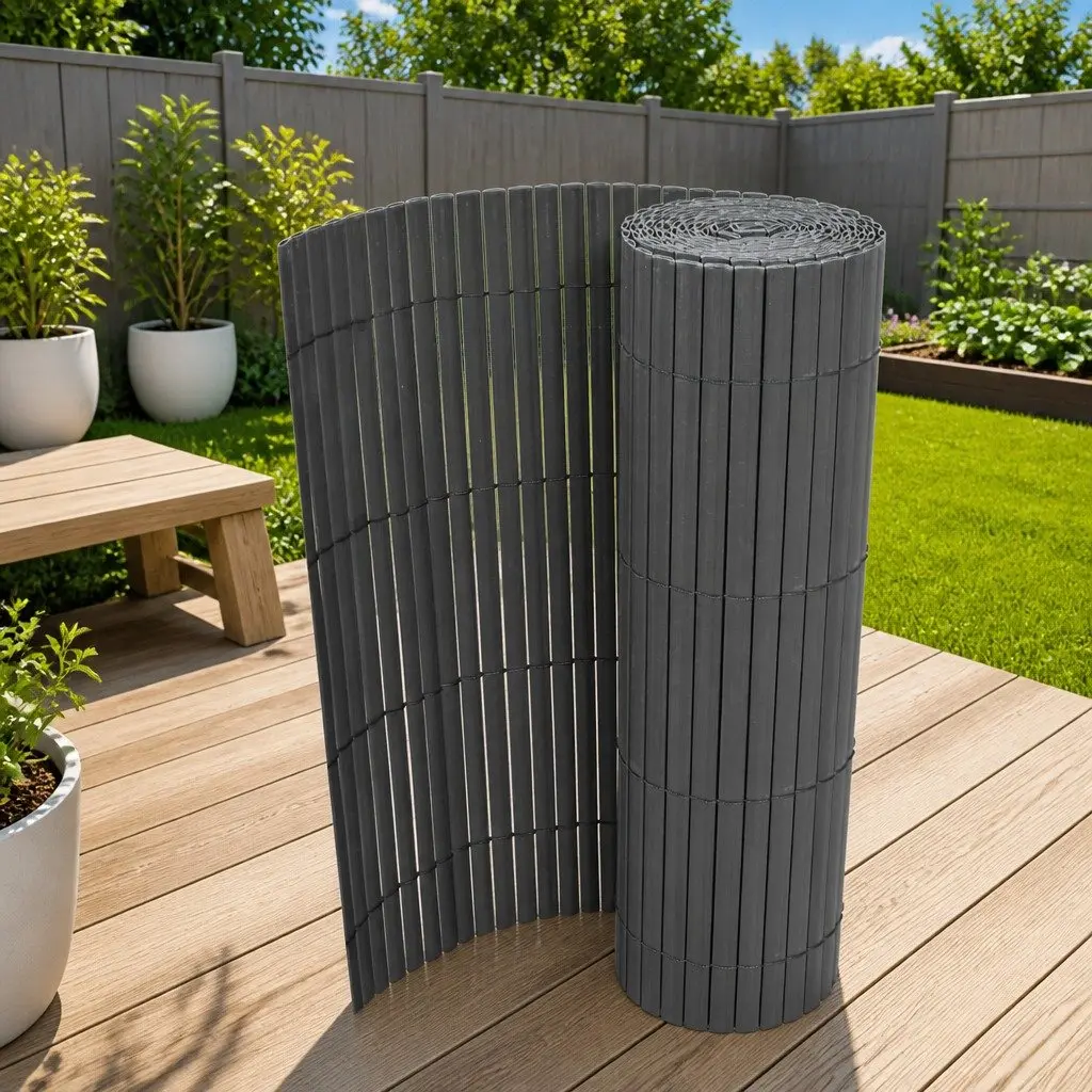 Double-Sided Garden Fence Panel PVC 90x500cm Grey Outdoor Screening Barrier