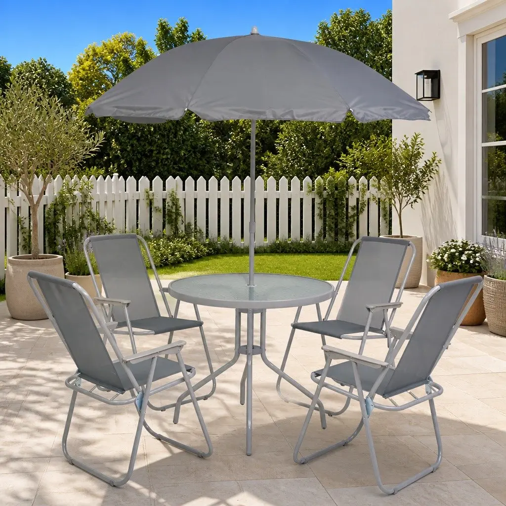 6 Piece Outdoor Dining Set Grey with Stackable Chairs Dining Table and Umbrella