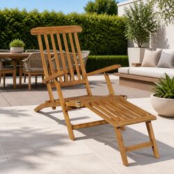 Wooden Deck Chair with Footrest Reclining Backrest Garden Patio Sun Lounger