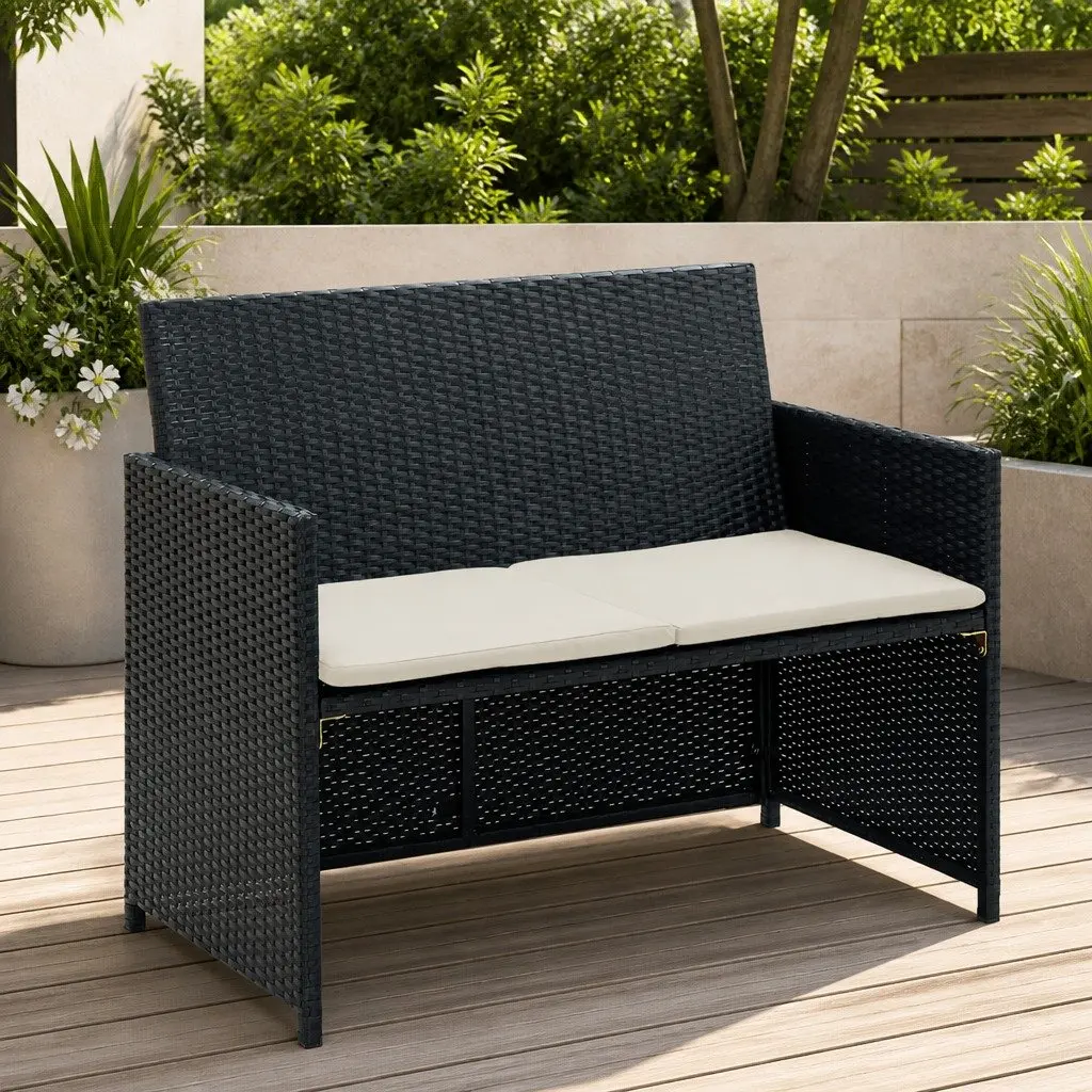 Black Rattan 2-Seater Patio Sofa Weather Resistant with Cushions