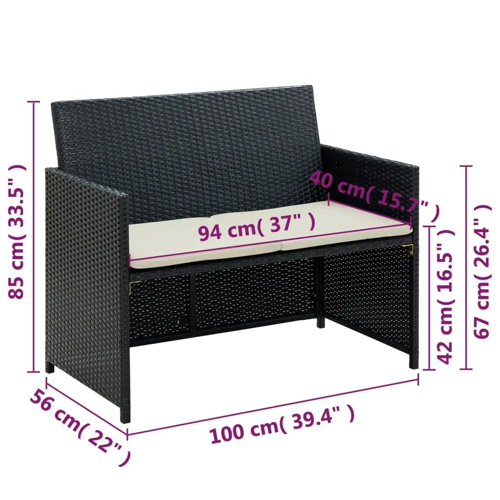 Black Rattan 2-Seater Patio Sofa Weather Resistant with Cushions