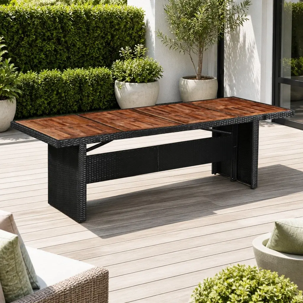 Dining Table Garden Poly Rattan Acacia Wood 240cm x 90cm x 74cm Brown Outdoor Furniture