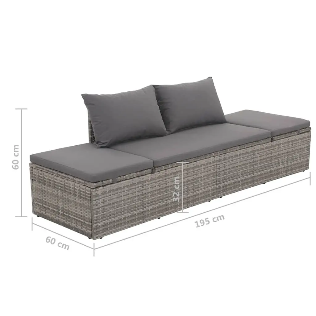 Outdoor Lounge Bed Grey PE Rattan Sun Bed with Cushions 195 x 60 cm