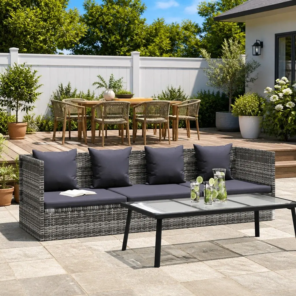 Adjustable Garden Bed Grey Poly Rattan Outdoor Lounger 200x60cm with Cushions