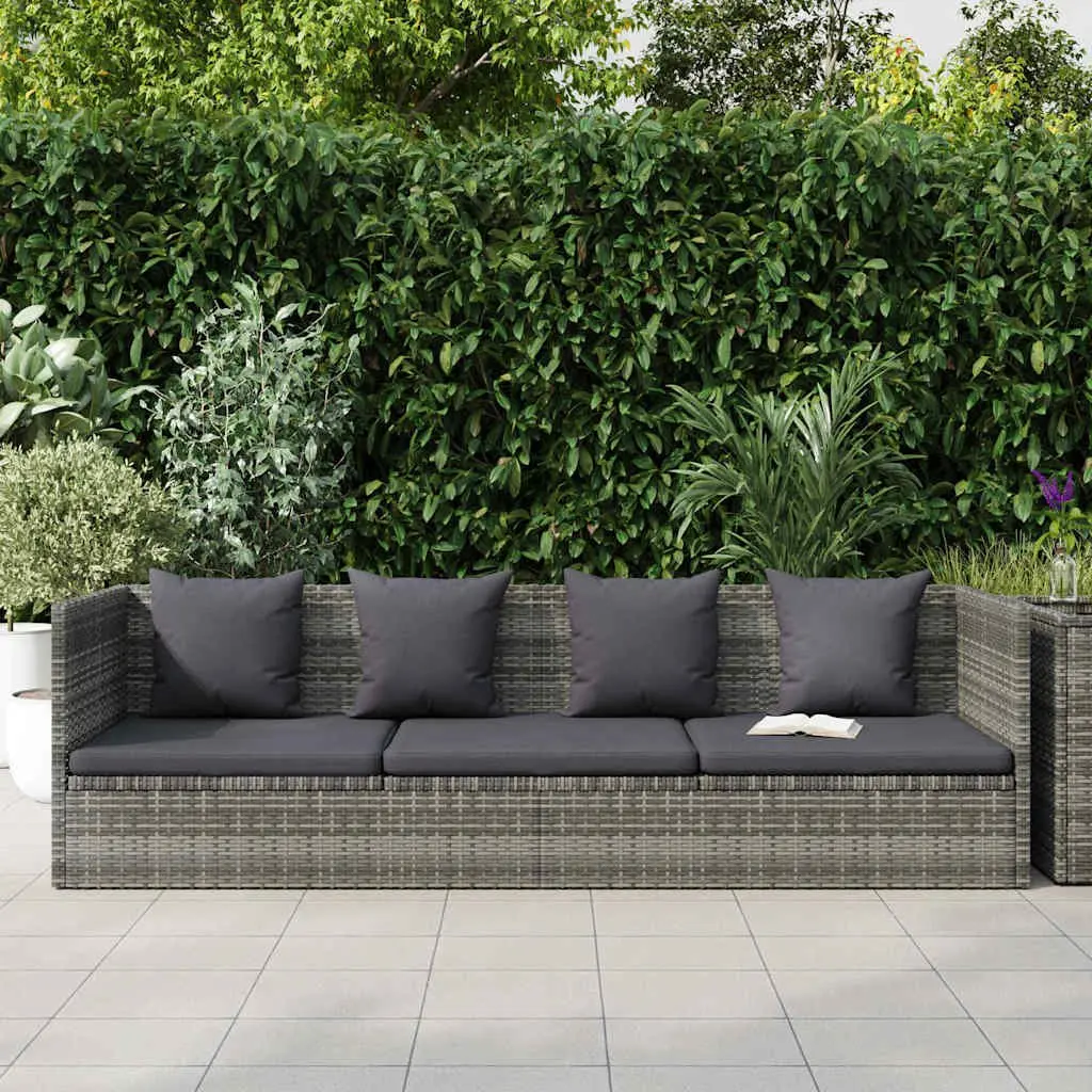 Adjustable Garden Bed Grey Poly Rattan Outdoor Lounger 200x60cm with Cushions