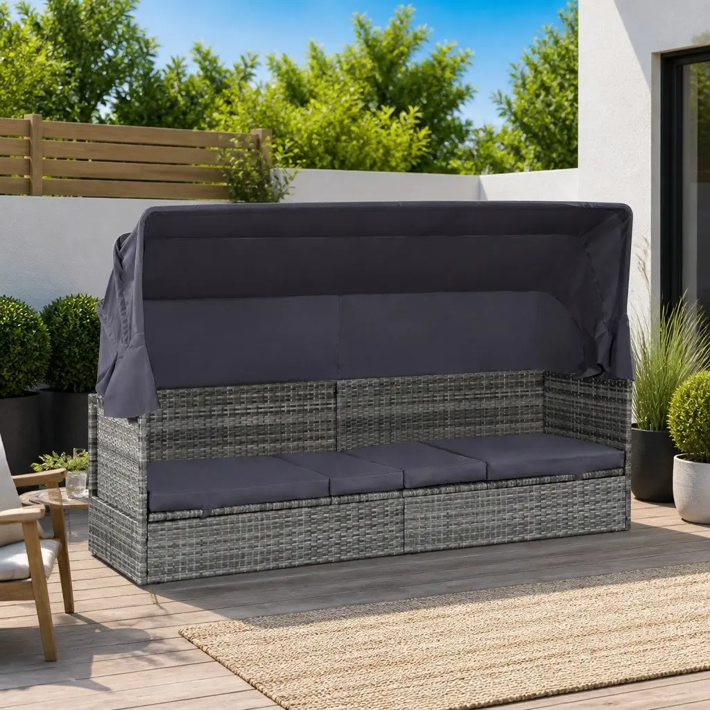 Sun Lounger with Canopy Grey Adjustable Reclining Bed Outdoor Poly Rattan 205 x 62 cm