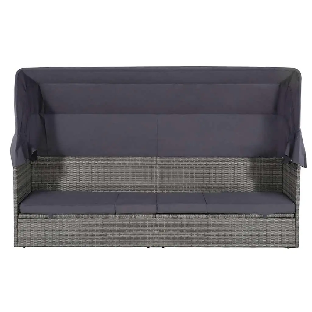 Sun Lounger with Canopy Grey Adjustable Reclining Bed Outdoor Poly Rattan 205 x 62 cm