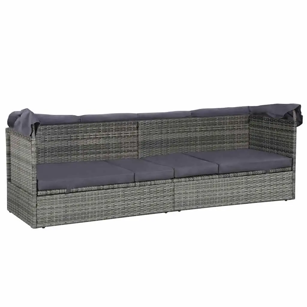 Sun Lounger with Canopy Grey Adjustable Reclining Bed Outdoor Poly Rattan 205 x 62 cm