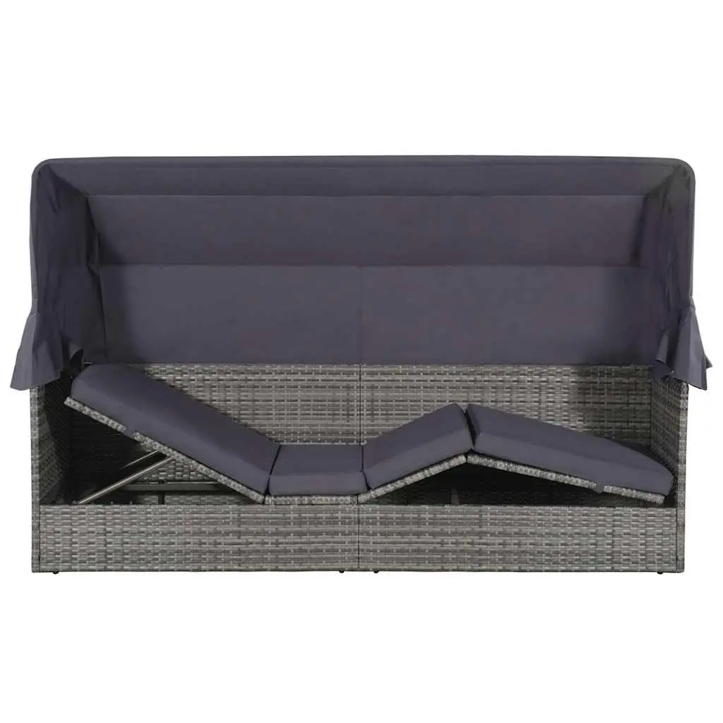 Sun Lounger with Canopy Grey Adjustable Reclining Bed Outdoor Poly Rattan 205 x 62 cm