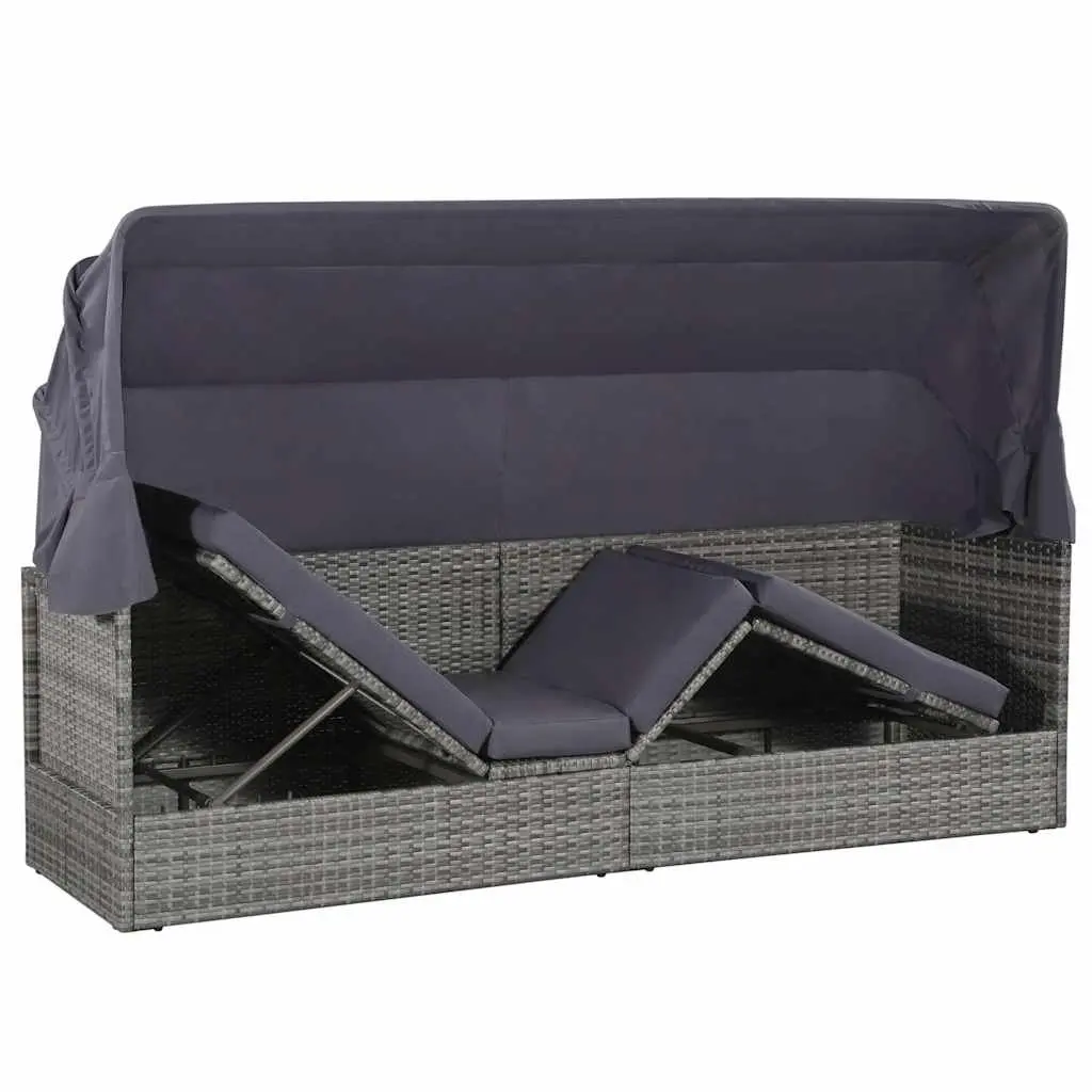 Sun Lounger with Canopy Grey Adjustable Reclining Bed Outdoor Poly Rattan 205 x 62 cm