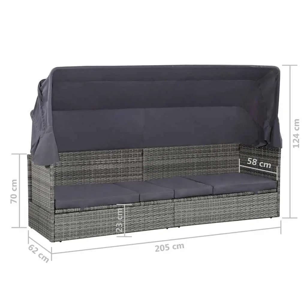 Sun Lounger with Canopy Grey Adjustable Reclining Bed Outdoor Poly Rattan 205 x 62 cm