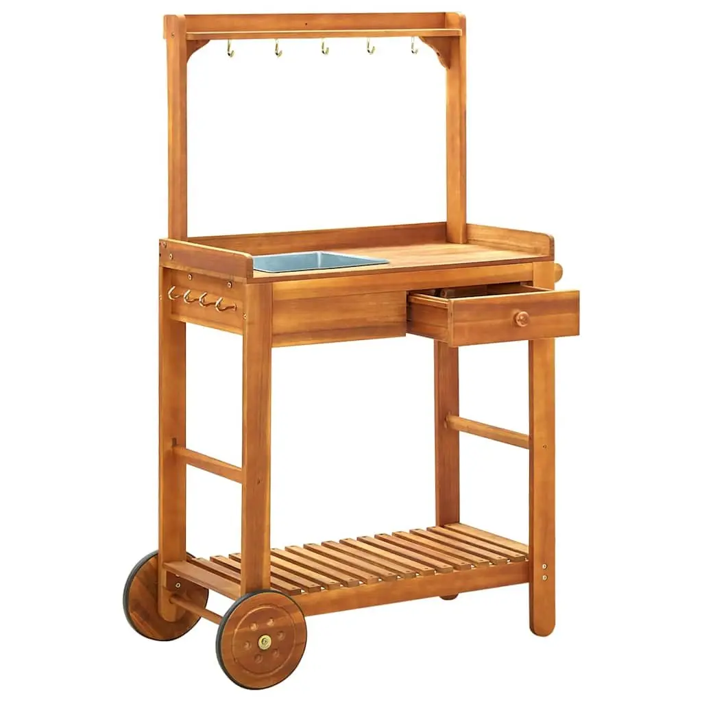 Garden Kitchen Trolley Solid Wood with Storage Drawer Shelf Hooks and Wheels