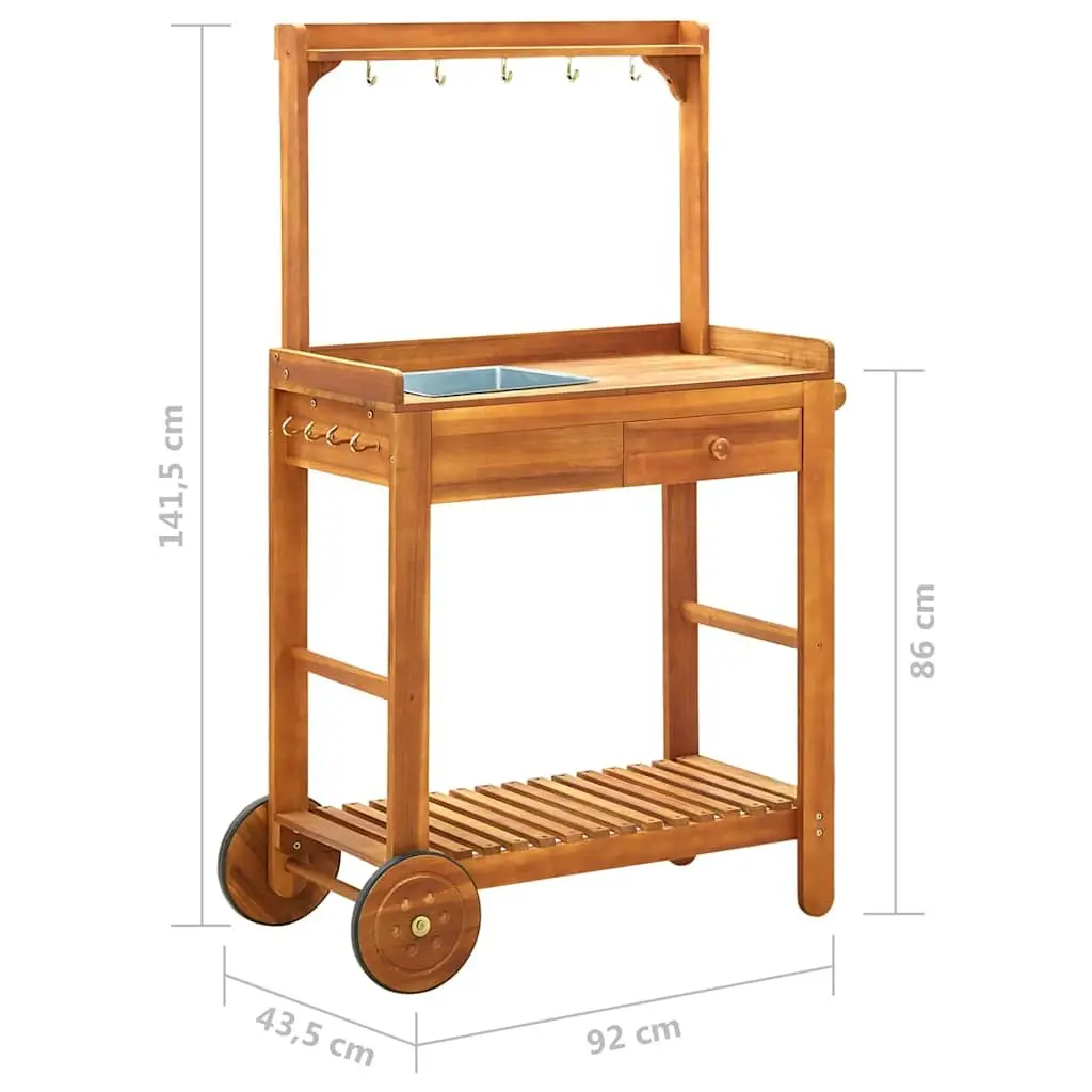 Garden Kitchen Trolley Solid Wood with Storage Drawer Shelf Hooks and Wheels