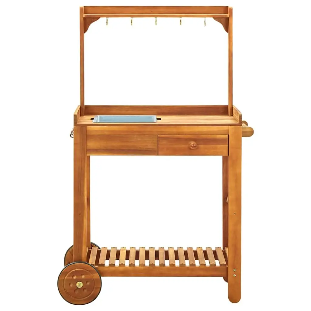 Garden Kitchen Trolley Solid Wood with Storage Drawer Shelf Hooks and Wheels