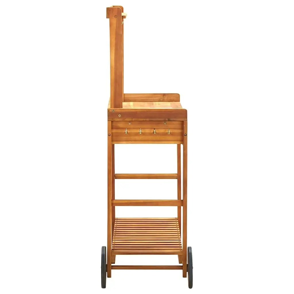 Garden Kitchen Trolley Solid Wood with Storage Drawer Shelf Hooks and Wheels