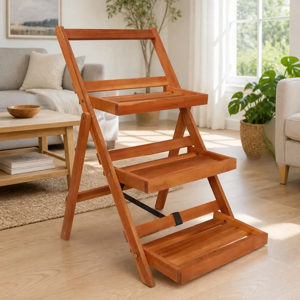 Wooden 3-Tier Plant Stand Foldable Display Rack Natural Finish Brown