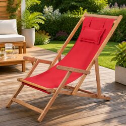 Folding Beach Chair Red Wooden Frame Reclining Outdoor Garden Patio Camping Seat