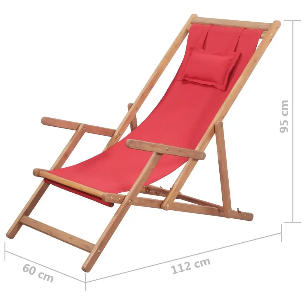 Folding Beach Chair Wooden Frame Reclining Red