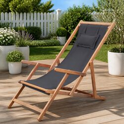 Folding Beach Chair Grey Wooden Frame Reclining Garden Outdoor Seating Patio