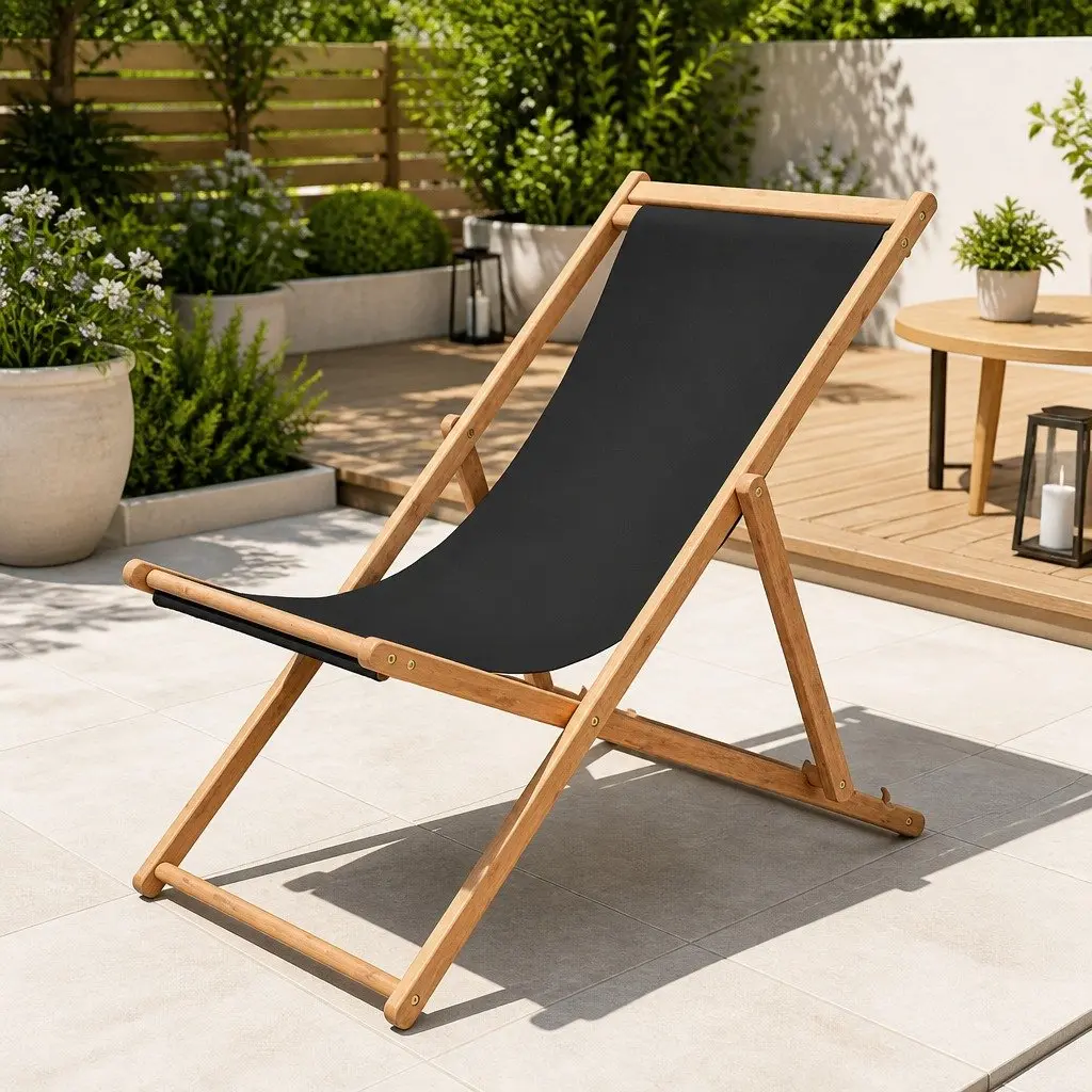 Folding Beach Chair Grey Wooden Frame Reclining Outdoor