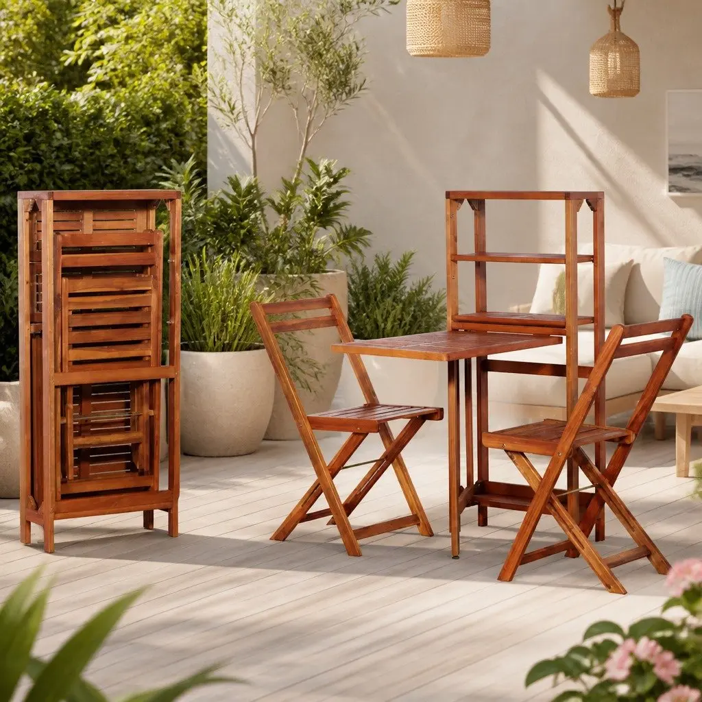 3 Piece Space Saving Folding Bistro Set Outdoor Furniture Brown Wooden Storage Rack Table and Chairs for Garden and Patio