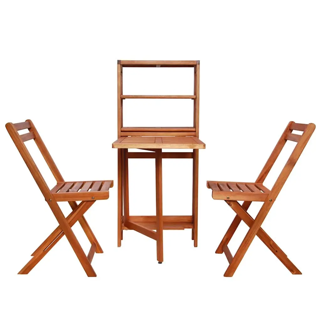 3 Piece Space Saving Folding Bistro Set Outdoor Furniture Brown Wooden Storage Rack Table and Chairs for Garden and Patio