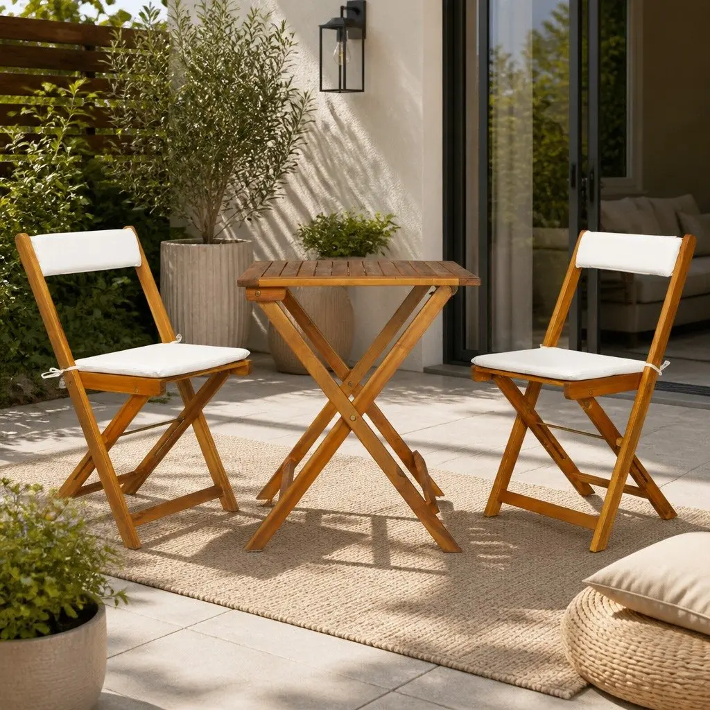 3 Piece Folding Bistro Set Weather-resistant Solid Acacia Wood with Cushions