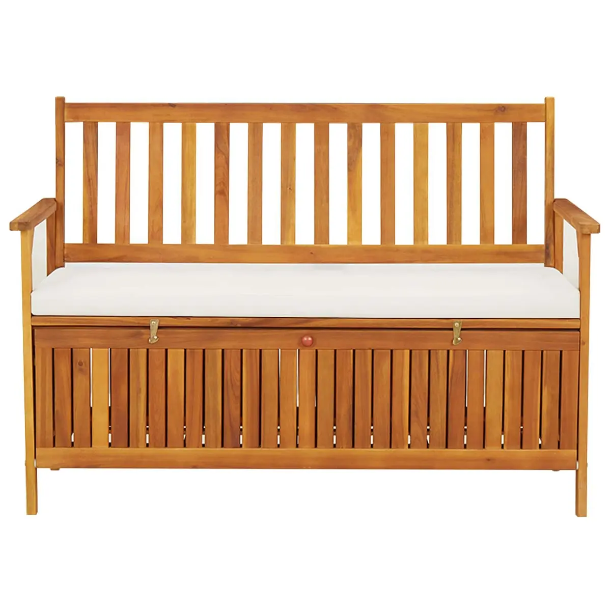 Outdoor Storage Bench Solid Wood Garden Seating with Backrest Armrests Cushion 120 x 63 x 84 cm