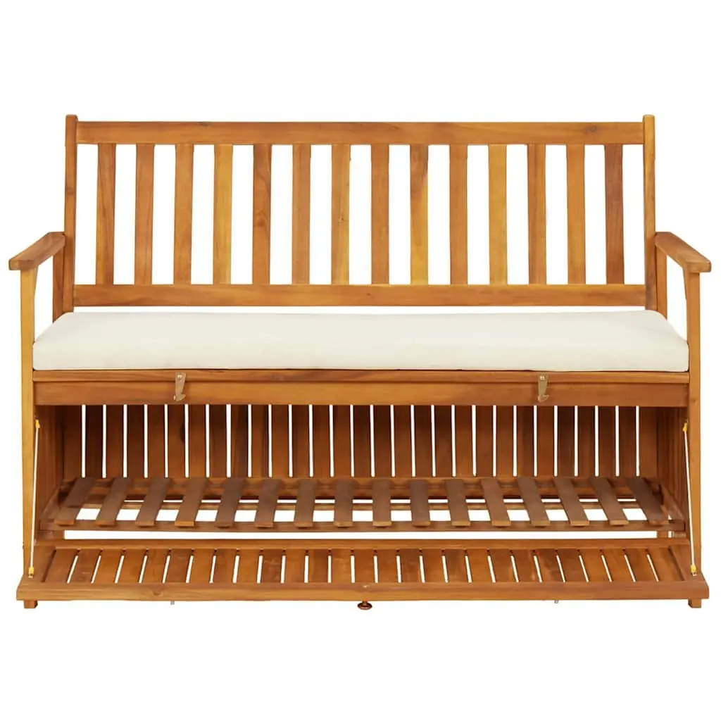 Outdoor Storage Bench Solid Wood Garden Seating with Backrest Armrests Cushion 120 x 63 x 84 cm