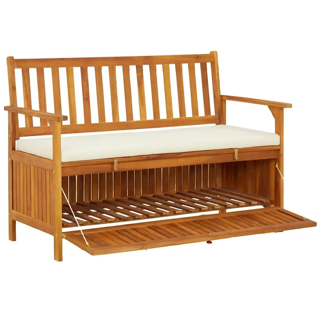 Outdoor Storage Bench Solid Wood Garden Seating with Backrest Armrests Cushion 120 x 63 x 84 cm