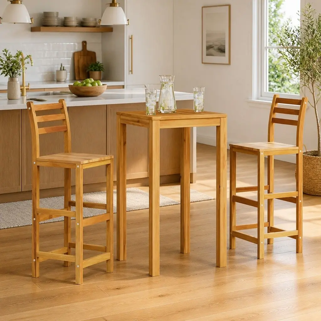 Outdoor Bar Stools Set of 2 Solid Acacia Wood with Backrest Footrest