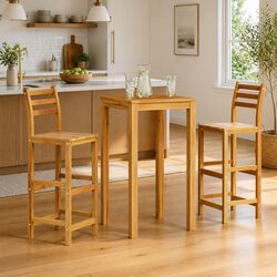 Outdoor Bar Chairs Set of 2 Solid Wood Stools with Backrest Footrest Garden