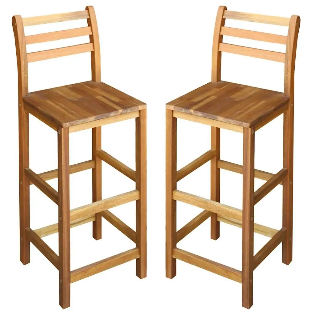 Outdoor Bar Stools Set of 2 Solid Acacia Wood with Backrest Footrest