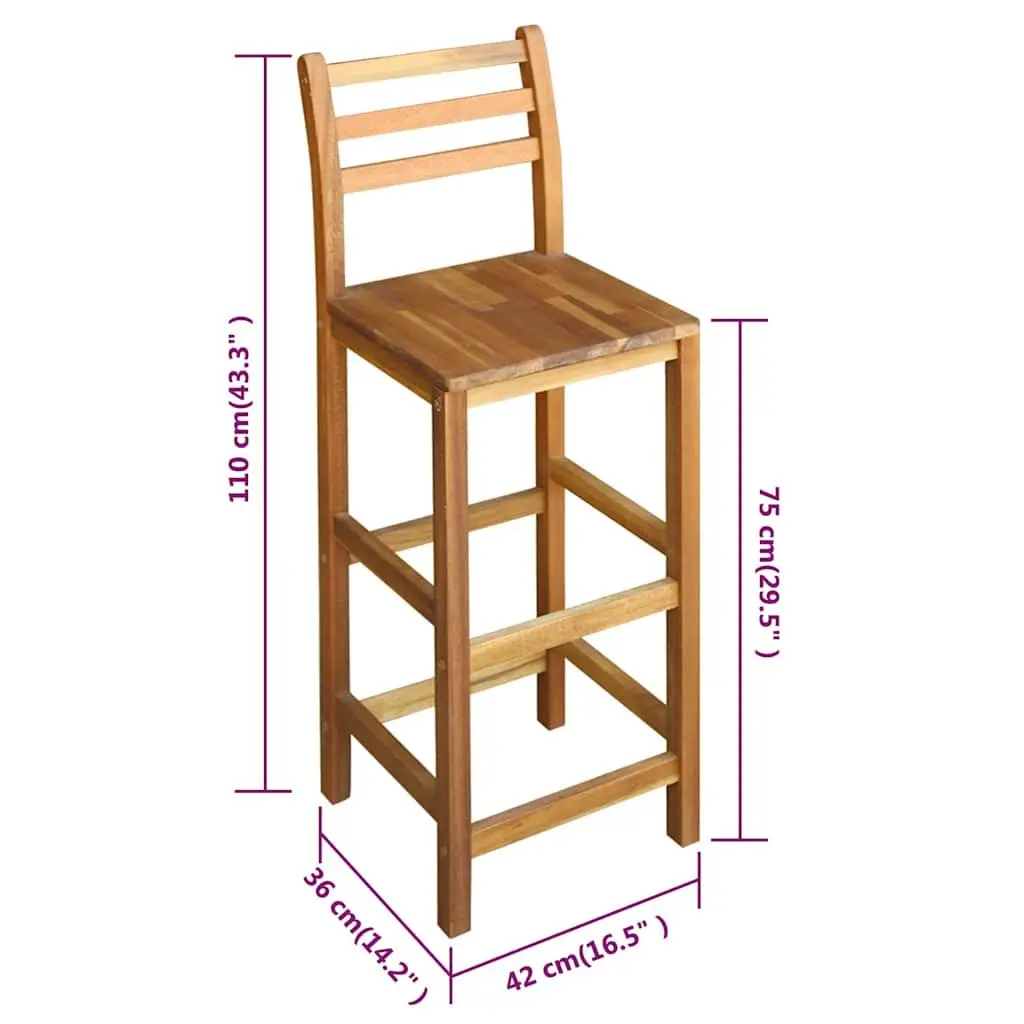 Outdoor Bar Stools Set of 2 Solid Acacia Wood with Backrest Footrest