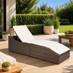 Sun Lounger with Cushion Poly Rattan Brown Outdoor Garden Patio Lounge Chair