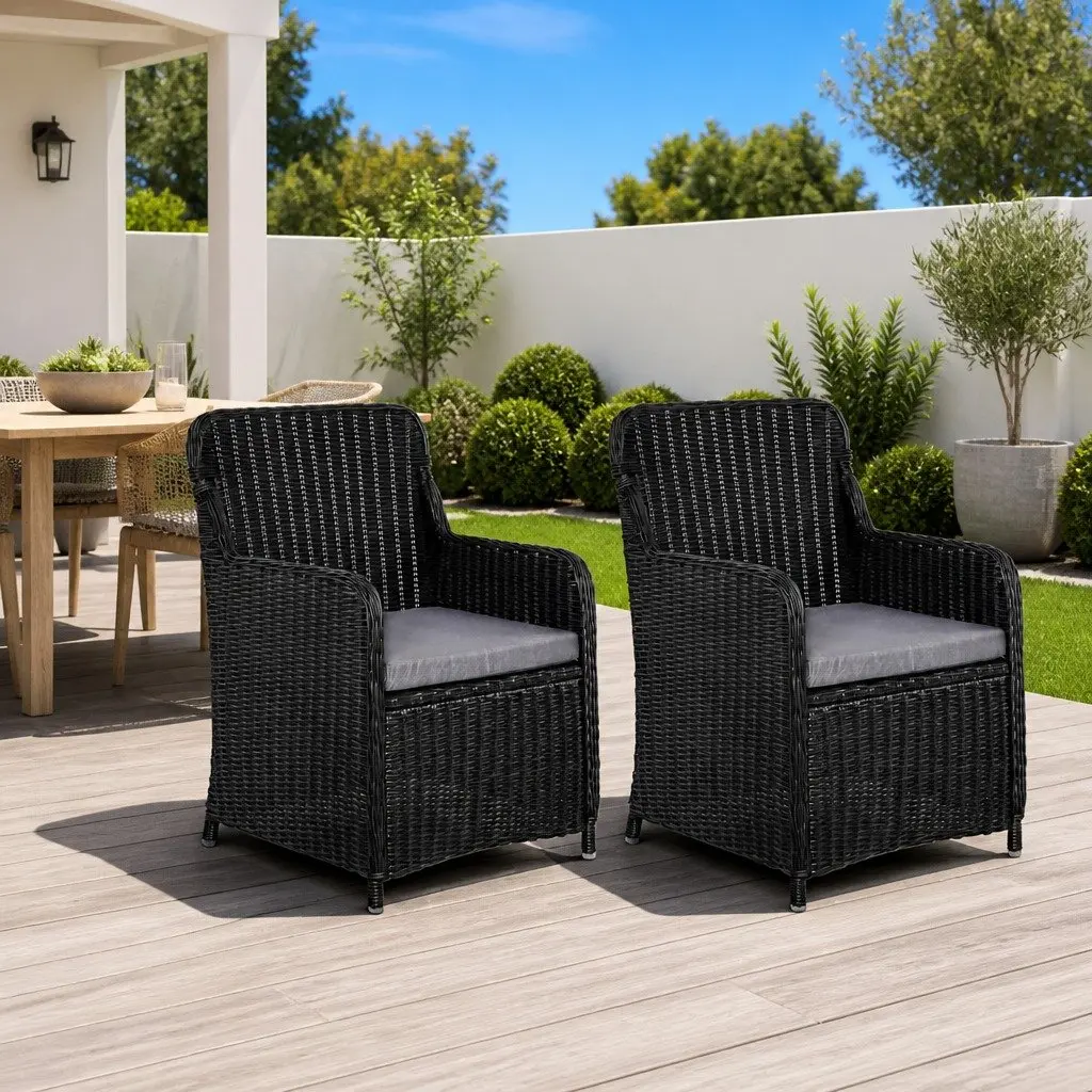 Outdoor Armchairs with Cushions Black Poly Rattan Garden Seating 2 Piece Set