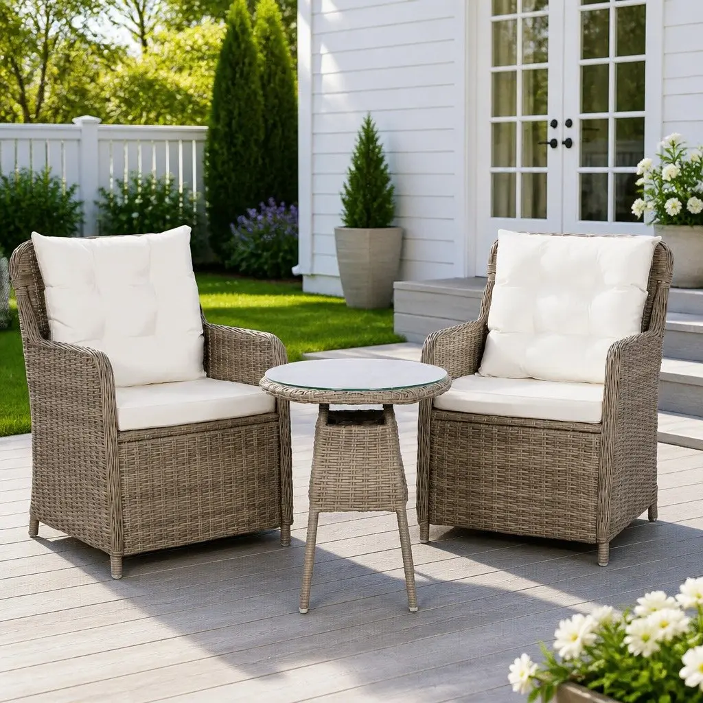 Outdoor Bistro Furniture Set Brown PE Rattan Dining Chairs and Table 3 Piece
