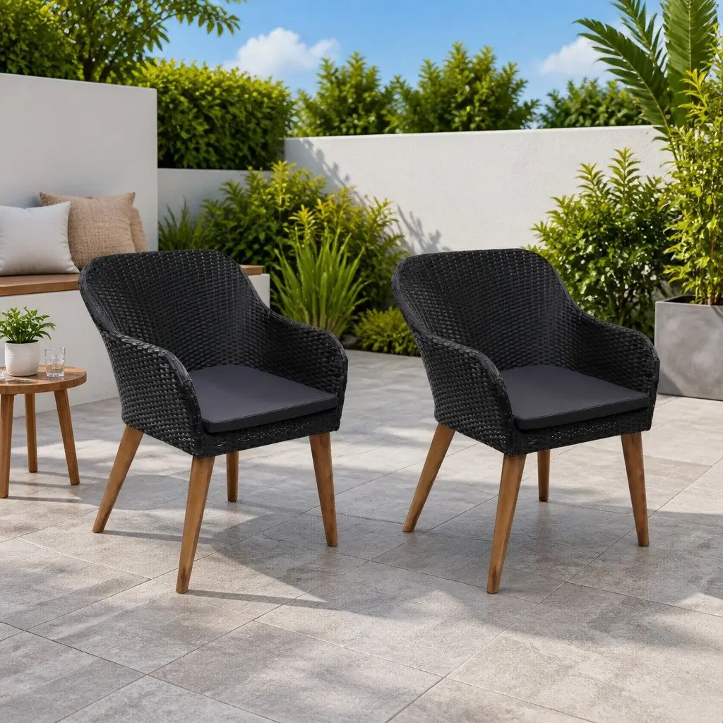 Outdoor Armchairs Set 2 pcs PE Rattan Garden Patio Seating Black