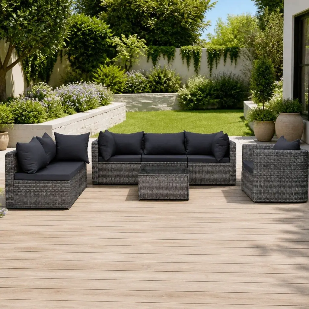 Outdoor Garden Sofa Set 7 Piece Poly Rattan Grey Patio Furniture with Cushions