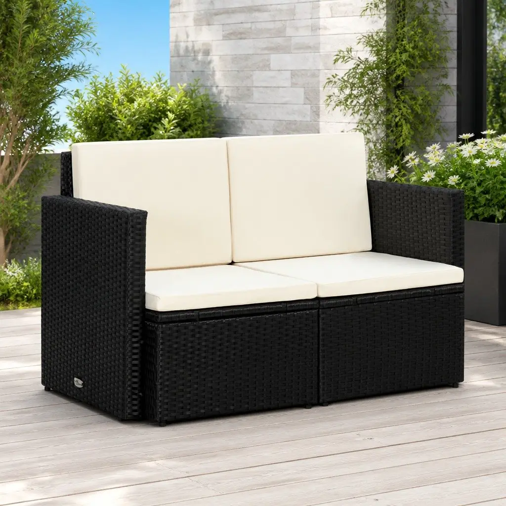 2 Seater Outdoor Sofa Water Resistant Black Poly Rattan with Cushions