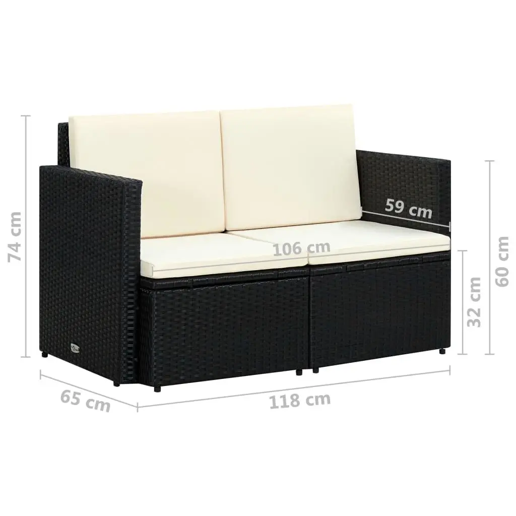 2 Seater Outdoor Sofa Water Resistant Black Poly Rattan with Cushions