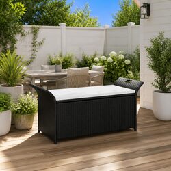 Outdoor Storage Bench 138 cm Poly Rattan Garden Seating with Cushion Brown