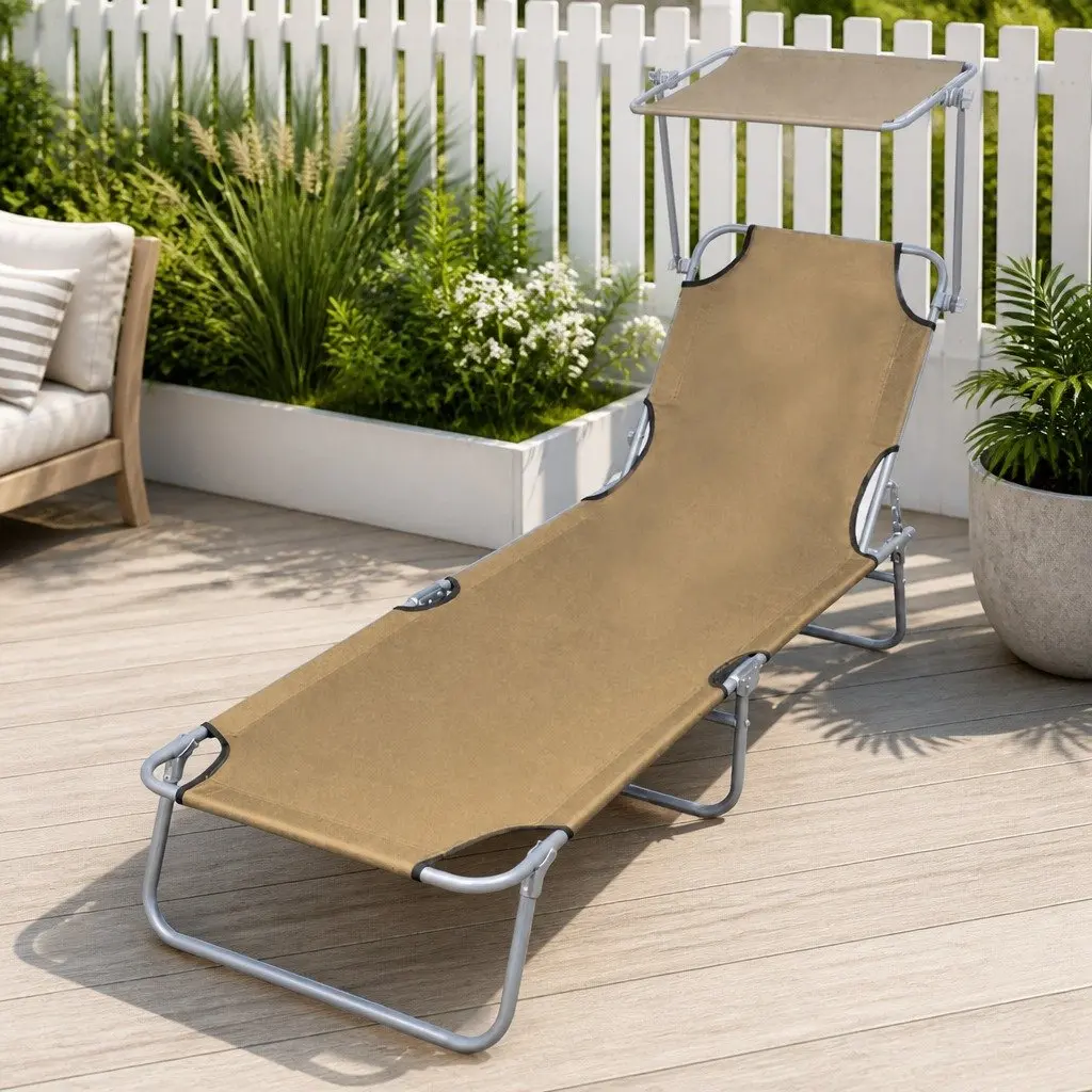 Sun Lounger Folding Chair Adjustable Backrest with Canopy Taupe