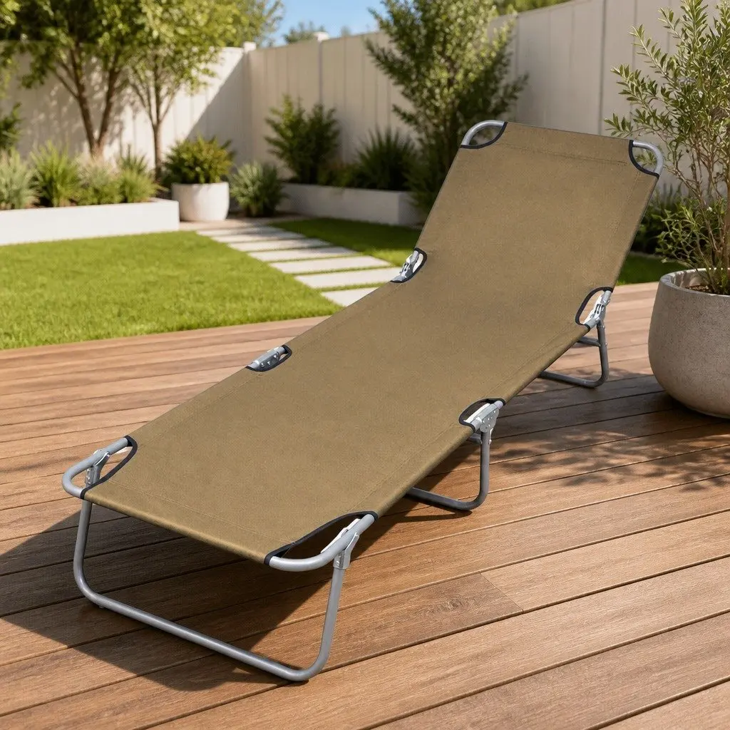 Foldable Sun Lounger Adjustable Backrest Garden Beach Relaxing Chair Taupe