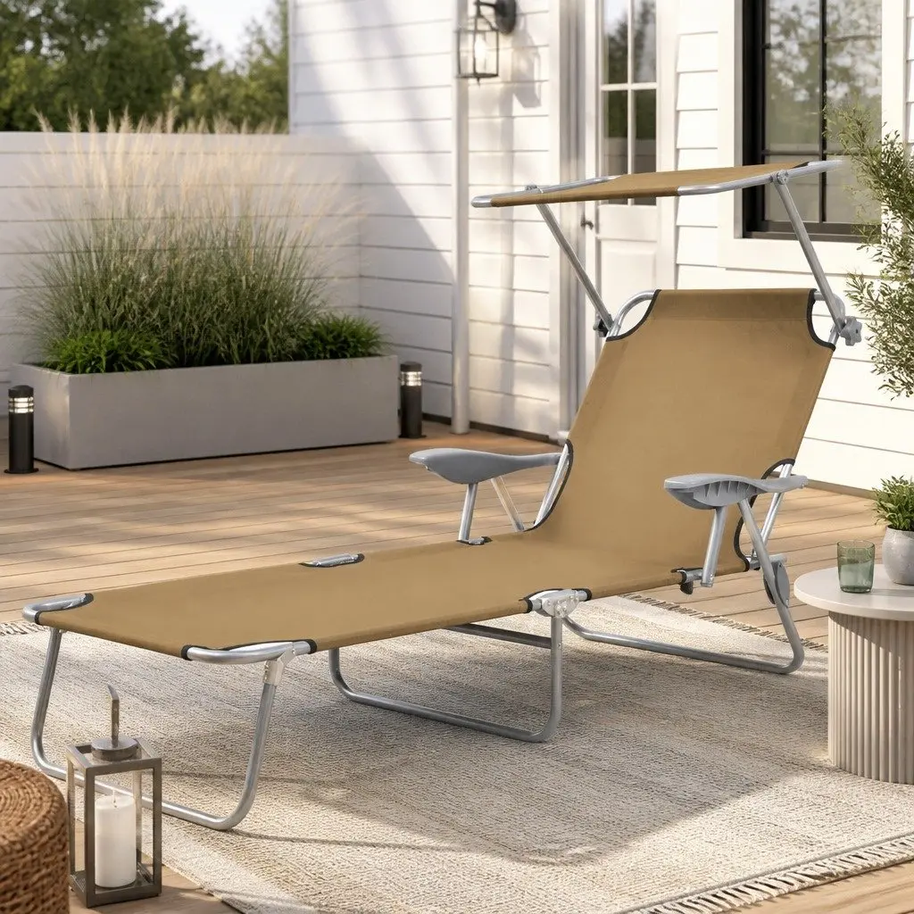 Folding Sun Lounger Adjustable Canopy Lightweight Weatherproof Taupe