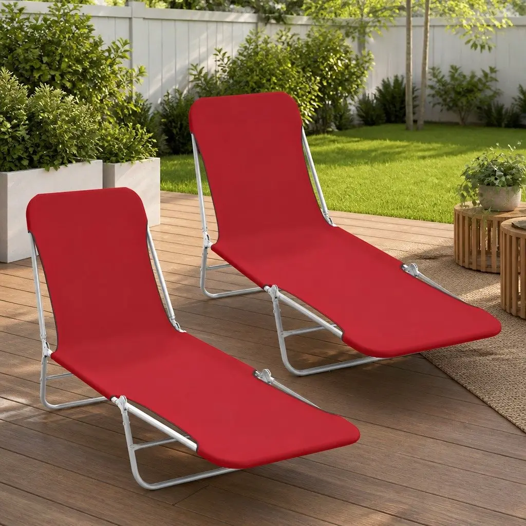 Sun Loungers 2 pcs Foldable Adjustable Backrest Garden Beach Outdoor Seating Red