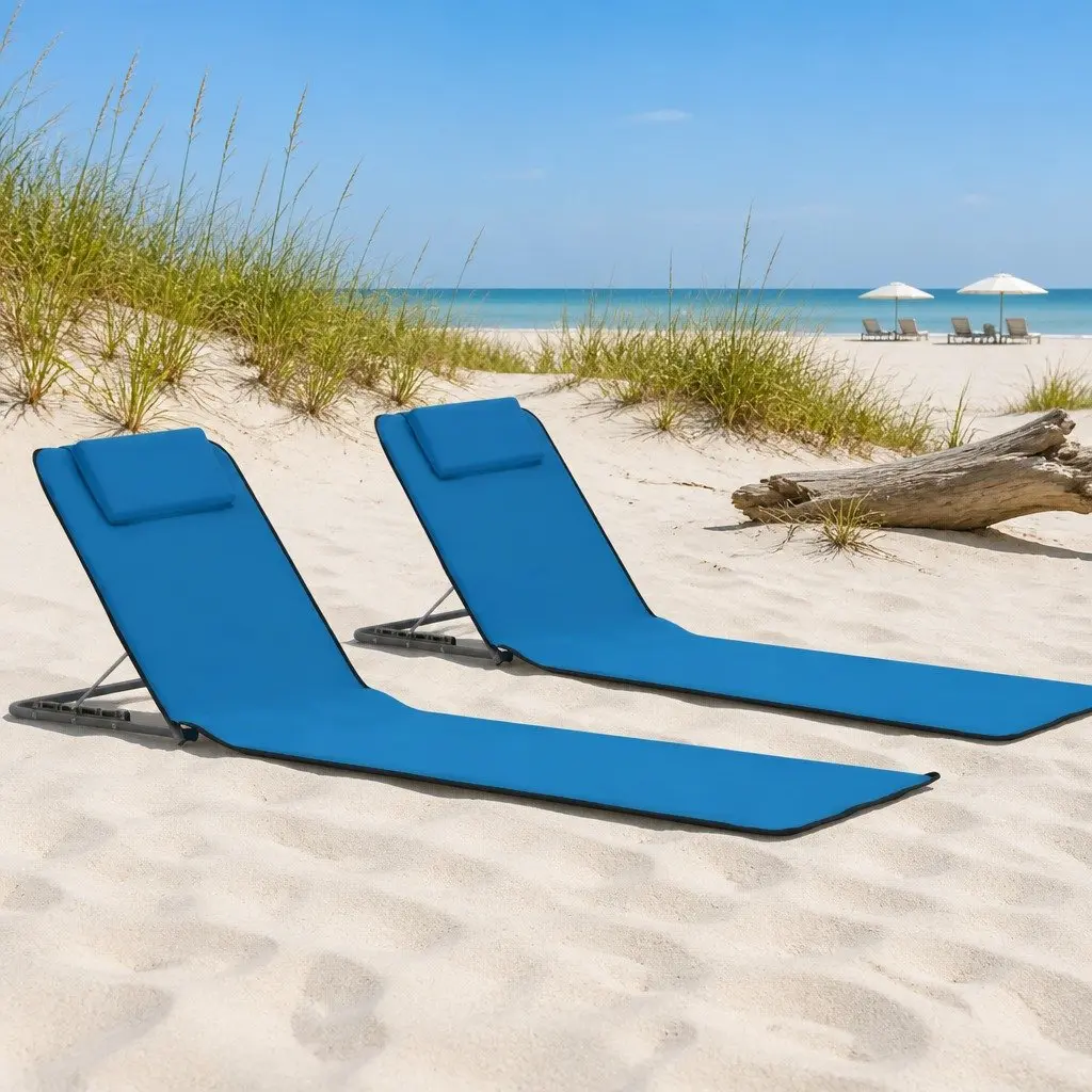 Folding Beach Lounger Set 2 pcs Steel Frame Fabric Backrest Sun Chair Blue