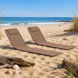 Folding Beach Mats 2 pcs Steel Frame Fabric Backrest Sun Lounger Chair Set