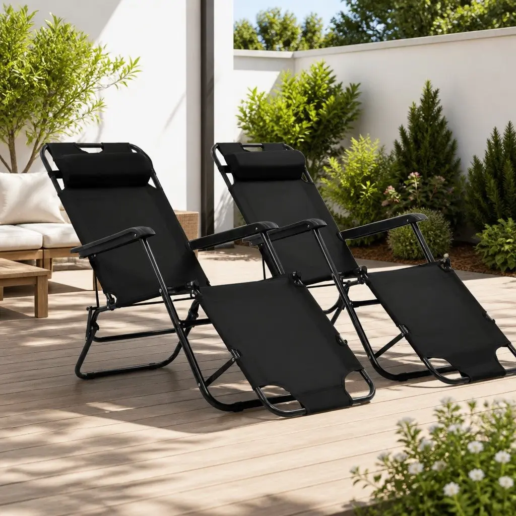 Folding Sun Loungers Adjustable Recliner Chairs 2 Pack Steel Frame Outdoor Garden